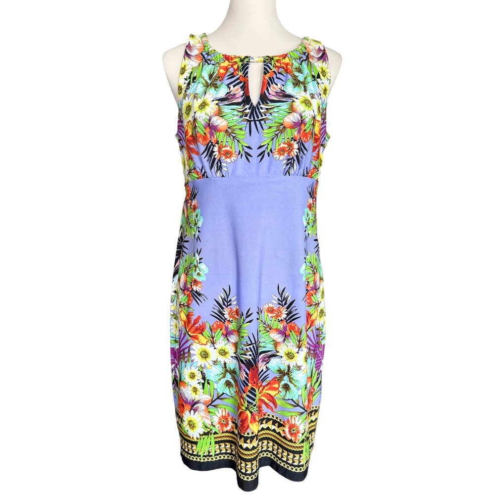 ECI Tropical Floral Keyhole Sheath Dress Purple Blue Sleeveless Size Medium